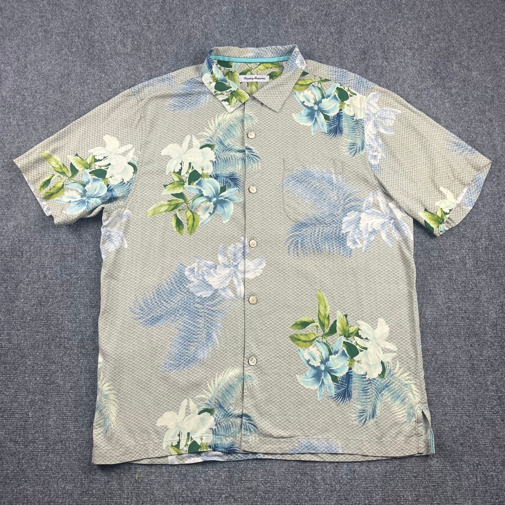 Tommy Bahama Mens Large Silk Floral Tropical Camp Shirt Grey Blue Short Sleeve